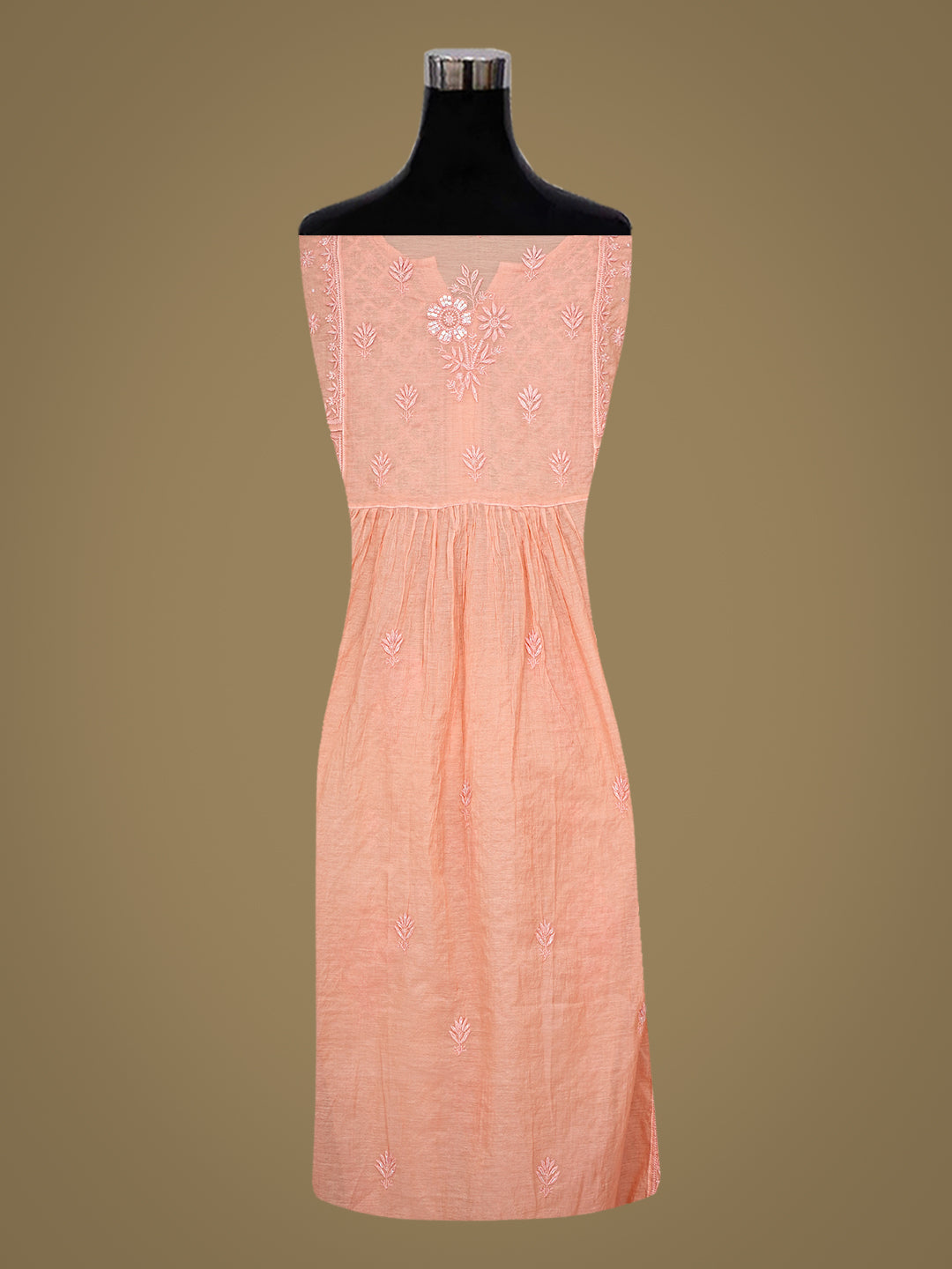 Ada Hand Embroidered Peach Chanderi Lucknowi Chikankari Semi-Stitched Kurta Dupatta set with Cutdana Work 01A789149