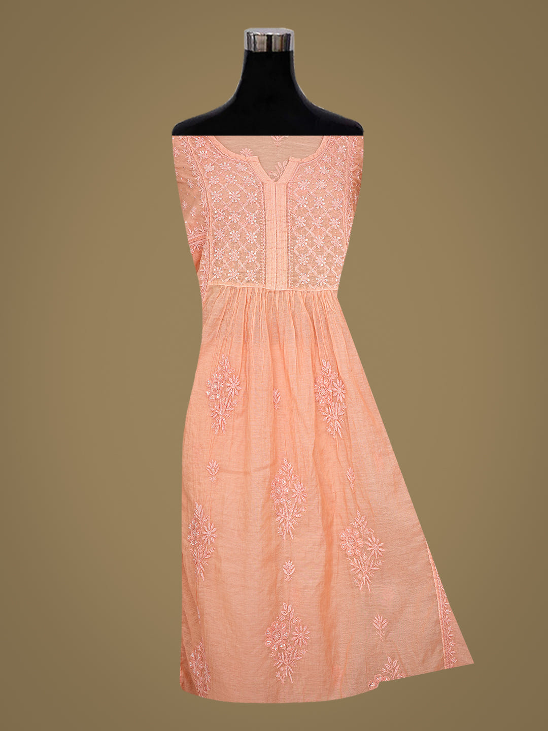 Ada Hand Embroidered Peach Chanderi Lucknowi Chikankari Semi-Stitched Kurta Dupatta Set With Cutdana Work 01A789149