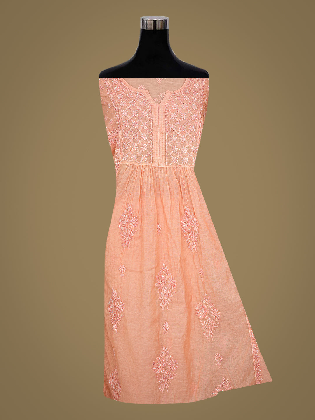 Ada Hand Embroidered Peach Chanderi Lucknowi Chikankari Semi-Stitched Kurta Dupatta set with Cutdana Work 01A789149