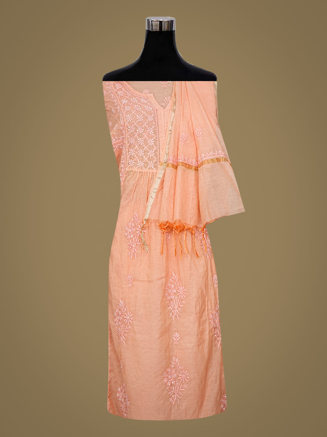 Ada Hand Embroidered Peach Chanderi Lucknowi Chikankari Semi-Stitched Kurta Dupatta Set With Cutdana Work 01A789149