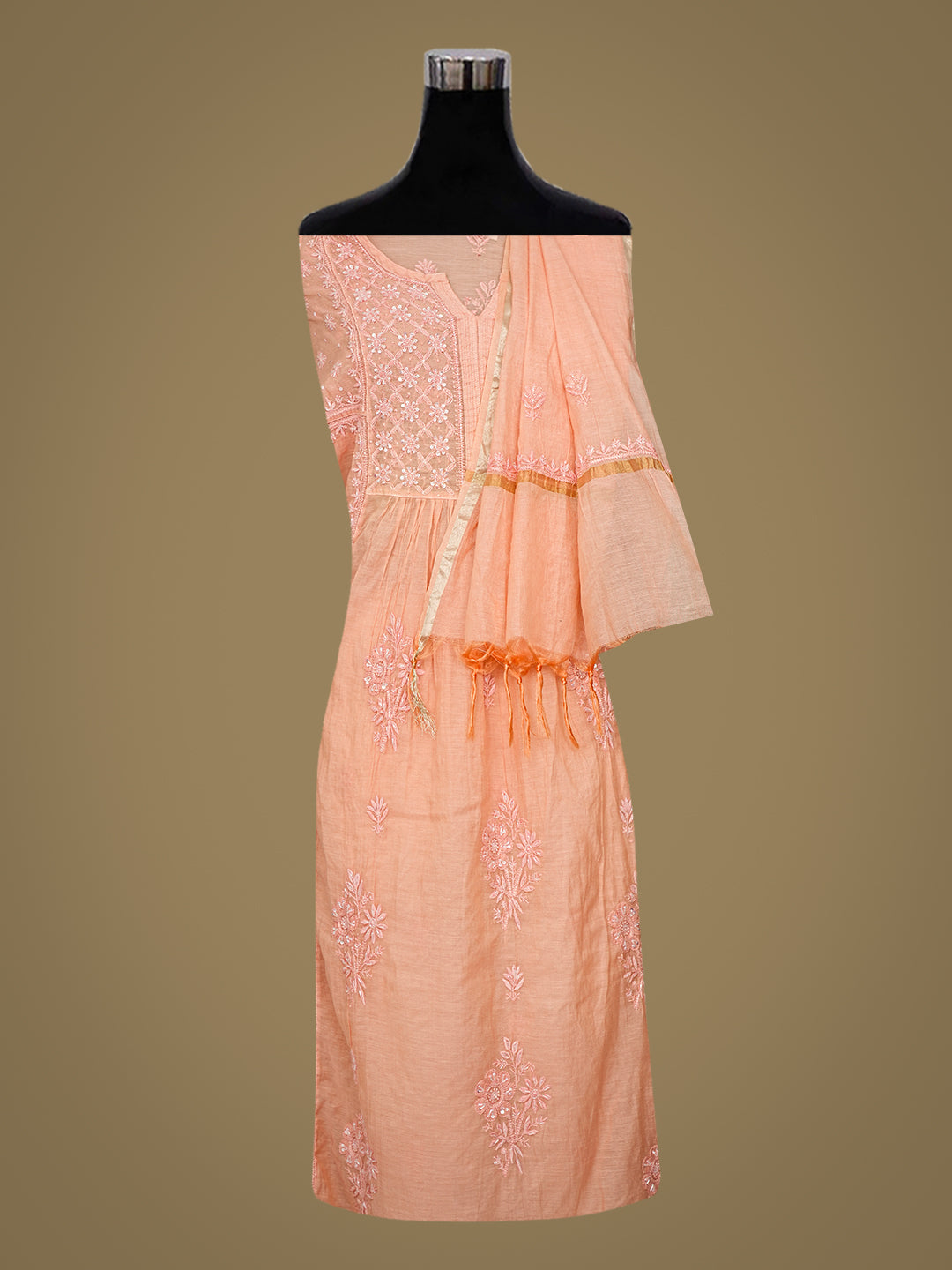 Ada Hand Embroidered Peach Chanderi Lucknowi Chikankari Semi-Stitched Kurta Dupatta set with Cutdana Work 01A789149