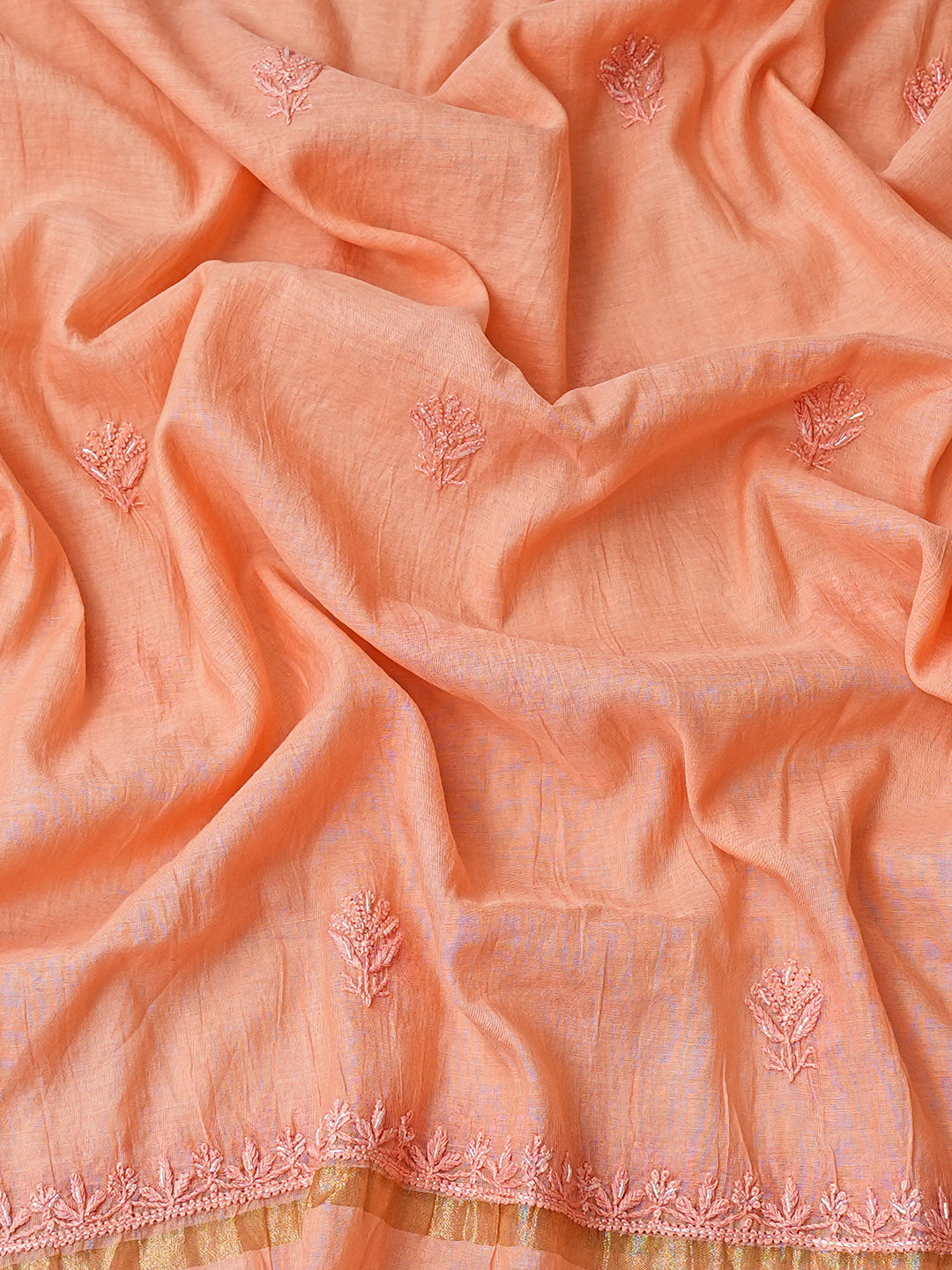 Ada Hand Embroidered Peach Chanderi Lucknowi Chikankari Semi-Stitched Kurta Dupatta set with Cutdana Work 01A789149