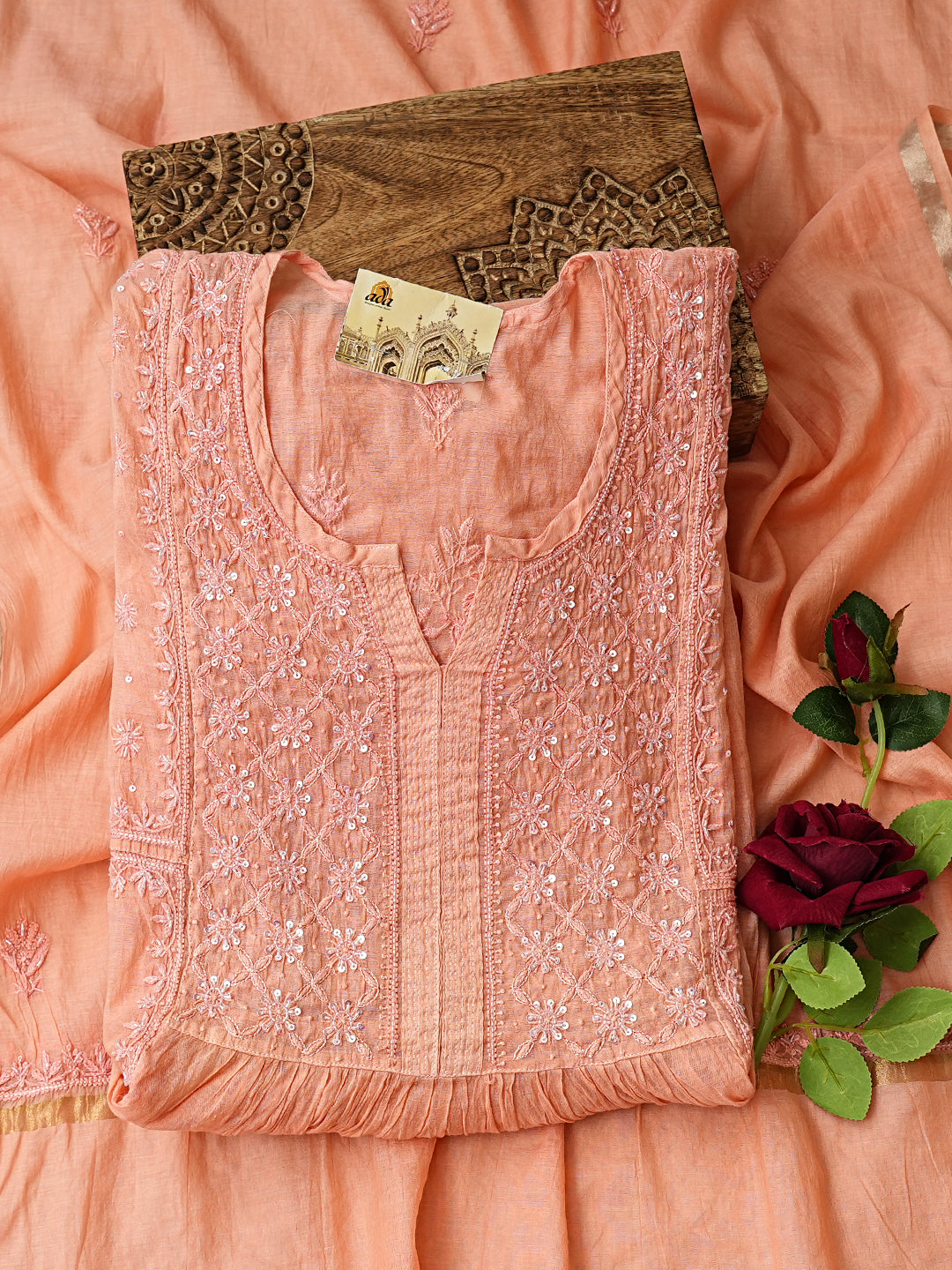 Ada Hand Embroidered Peach Chanderi Lucknowi Chikankari Semi-Stitched Kurta Dupatta set with Cutdana Work 01A789149