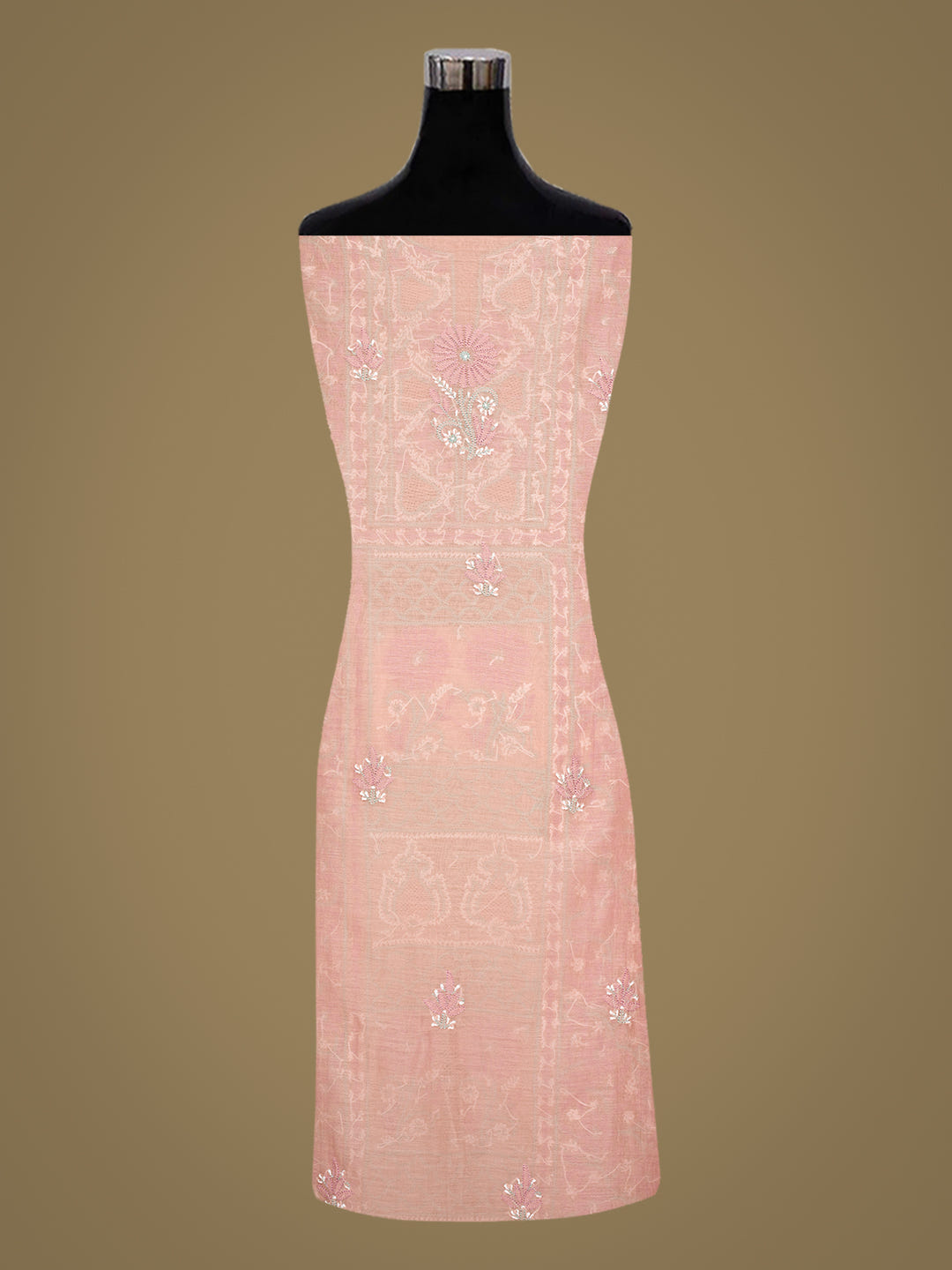 Ada Hand Embroidered Peach Chanderi Lucknowi Chikankari Unstitched Kurta Dupatta Set 01A1012882_3
