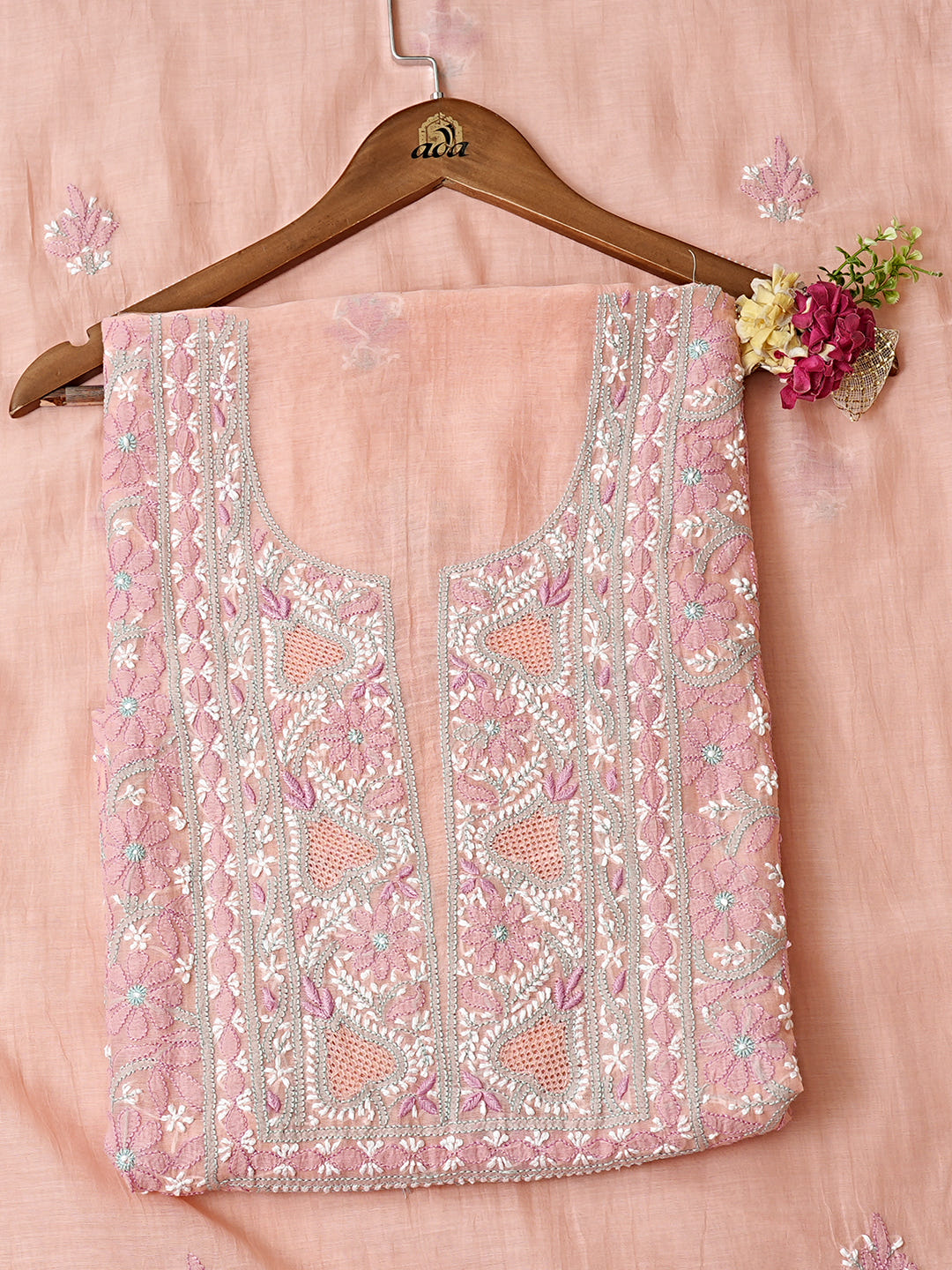 Ada Hand Embroidered Peach Chanderi Lucknowi Chikankari Unstitched Kurta Dupatta Set 01A1012882_1
