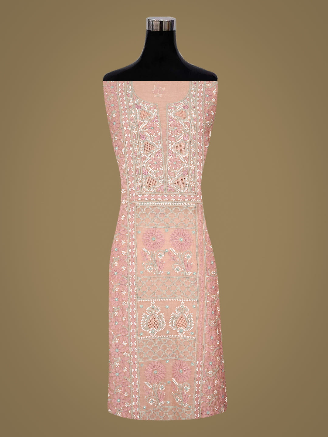 Ada Hand Embroidered Peach Chanderi Lucknowi Chikankari Unstitched Kurta Dupatta Set 01A1012882_4