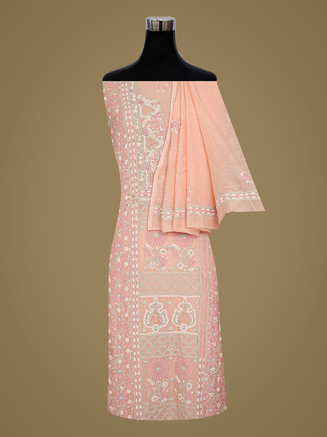 Ada Hand Embroidered Peach Chanderi Lucknowi Chikankari Unstitched Kurta Dupatta Set 01A1012882_2