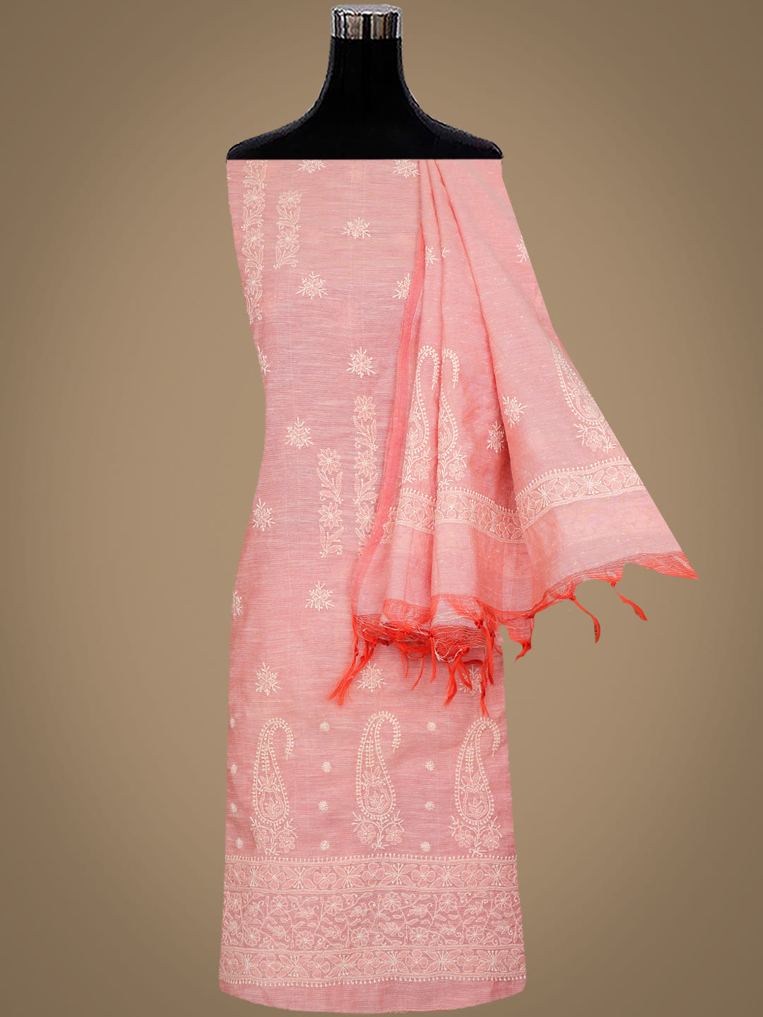Peach Chanderi Chikankari Kurta Dupatta Set with Hand Embroidery