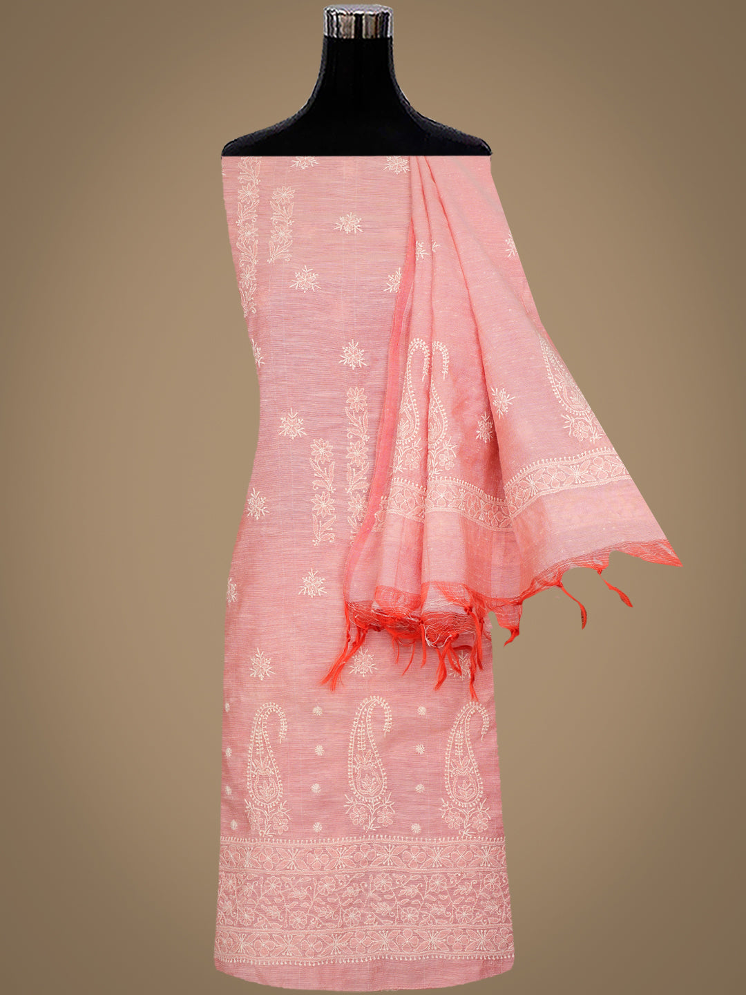 Peach Chanderi Chikankari Kurta Dupatta Set with Hand Embroidery