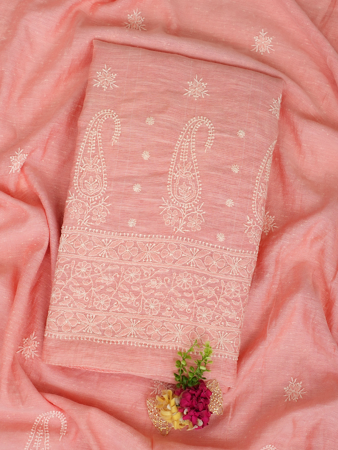 Ada Peach Chanderi Lucknowi Chikankari Unstitched Kurta Dupatta Set