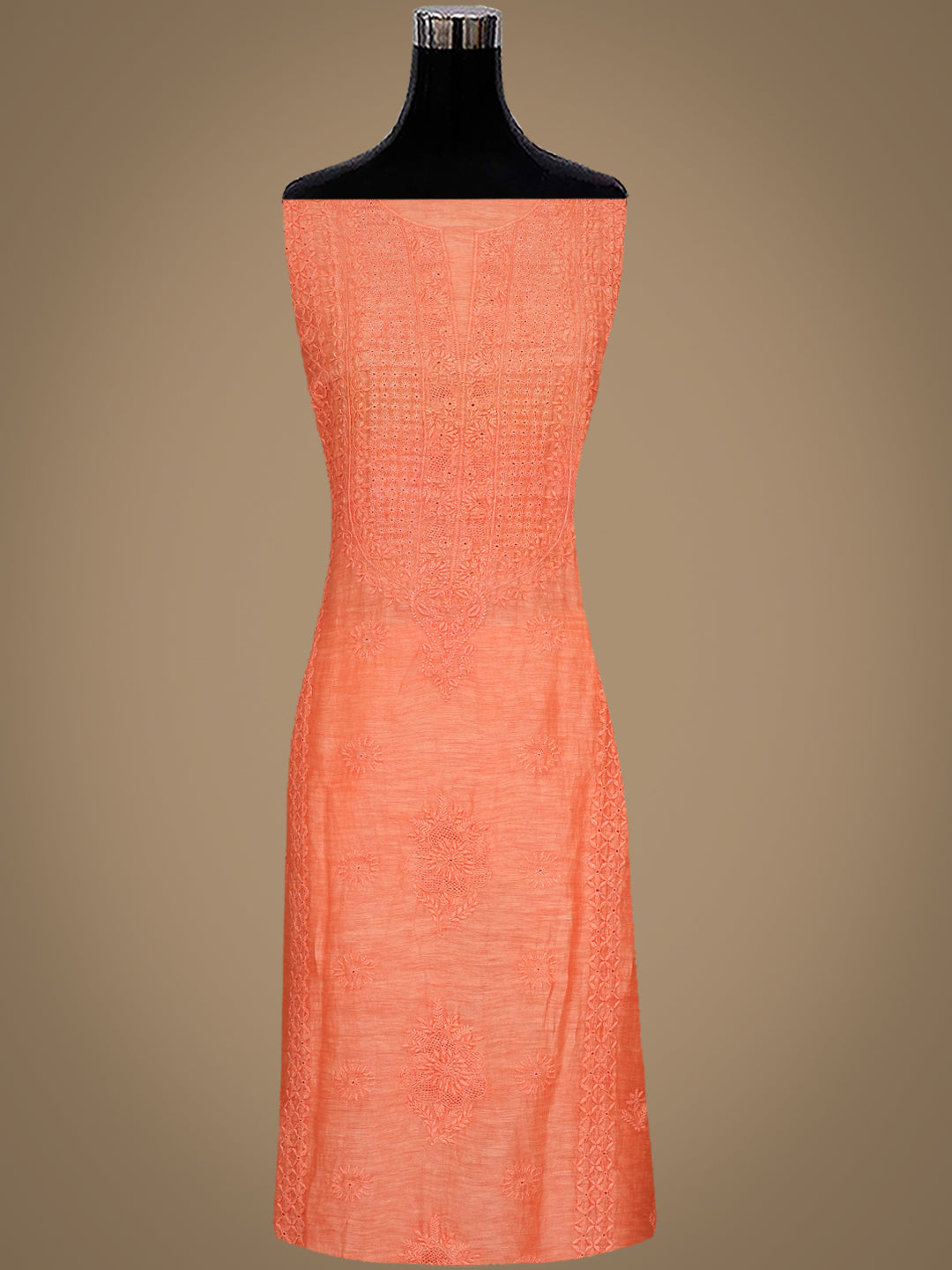 Ada Hand Embroidered Peach Chanderi Lucknowi Chikankari Unstitched Kurta Dupatta Set 01A604794