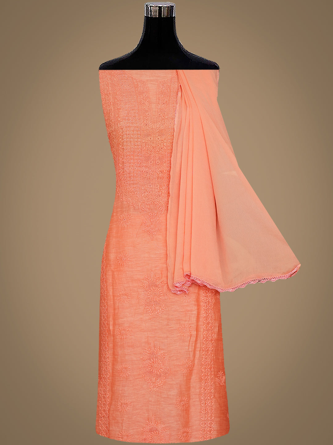 Ada Hand Embroidered Peach Chanderi Lucknowi Chikankari Unstitched Kurta Dupatta Set 01A604794