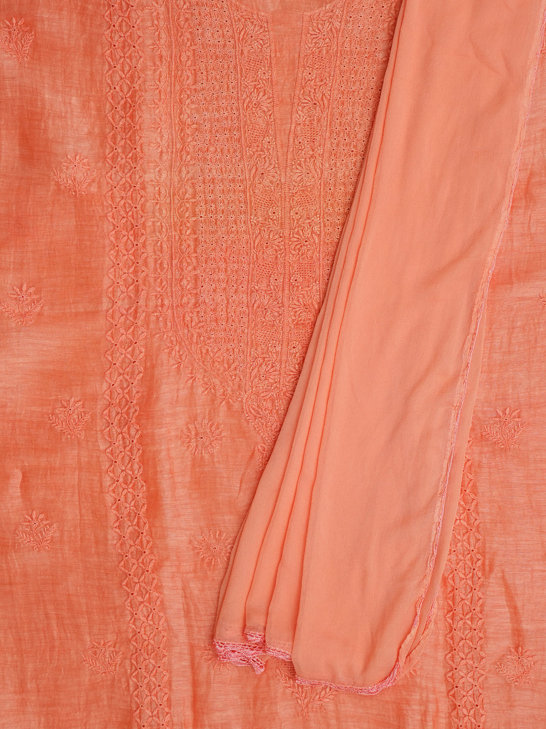 Ada Hand Embroidered Peach Chanderi Lucknowi Chikankari Unstitched Kurta Dupatta Set 01A604794