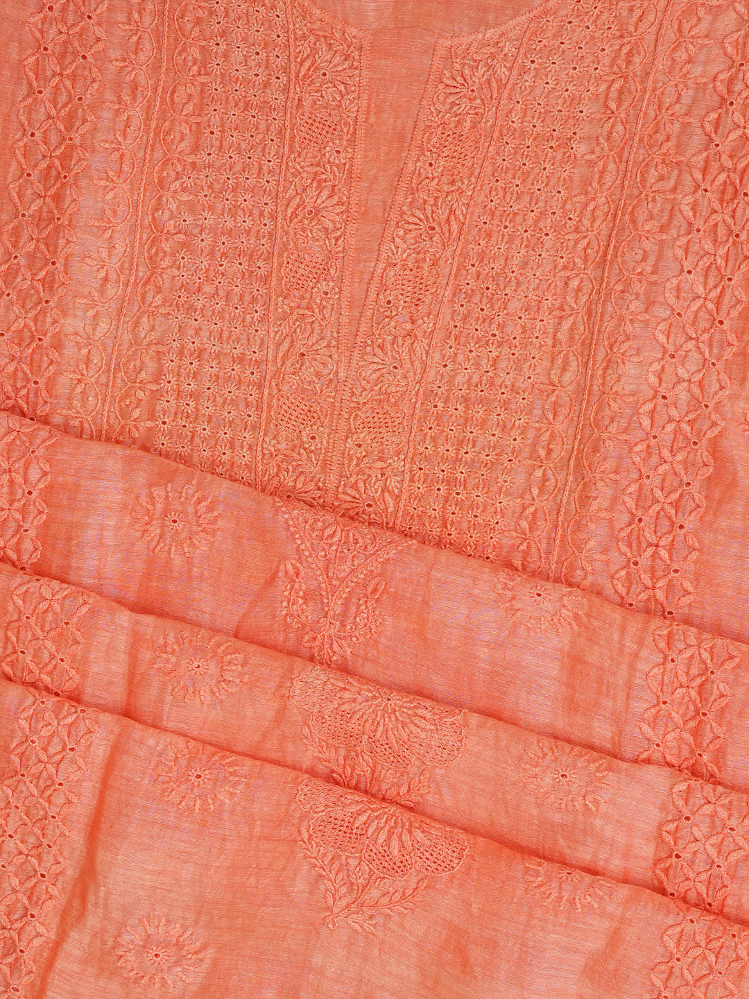 Ada Hand Embroidered Peach Chanderi Lucknowi Chikankari Unstitched Kurta Dupatta Set 01A604794