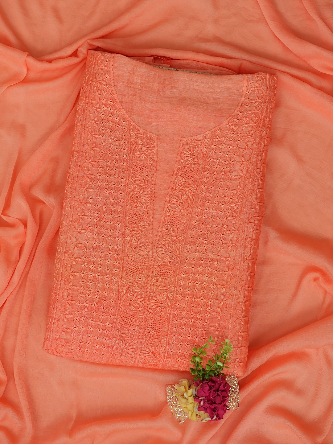 Ada Hand Embroidered Peach Chanderi Lucknowi Chikankari Unstitched Kurta Dupatta Set 01A604794