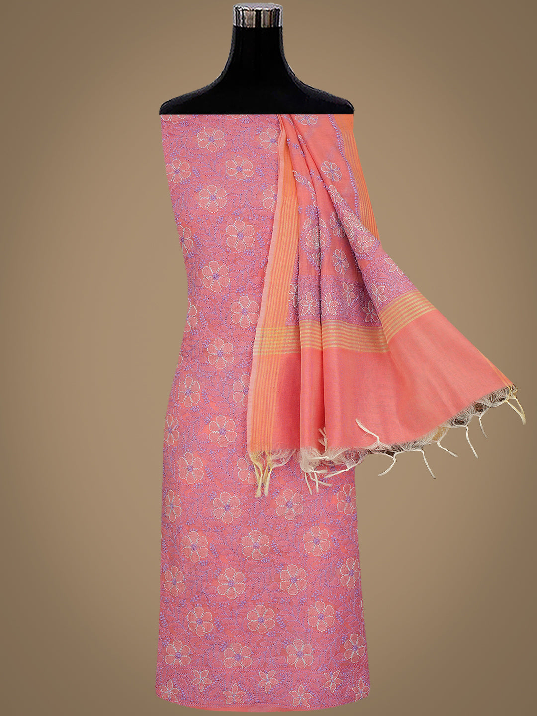 Ada Hand Embroidered Peach Chanderi Lucknowi Chikankari Unstitched Kurta Dupatta Set 01A700022