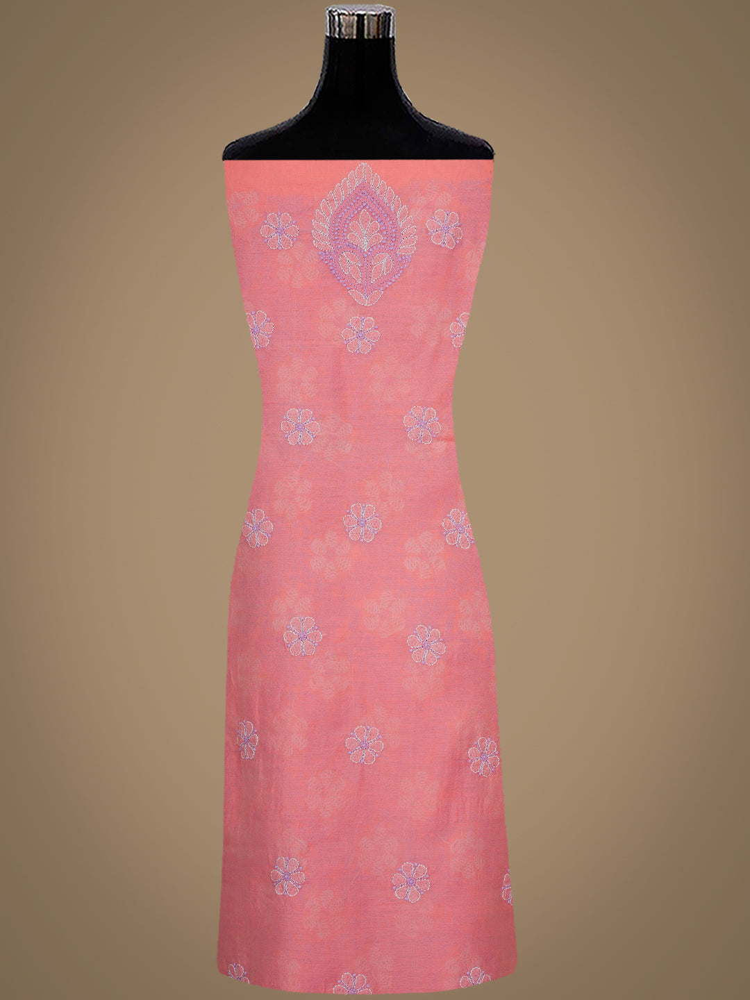 Ada Hand Embroidered Peach Chanderi Lucknowi Chikankari Unstitched Kurta Dupatta Set 01A700022