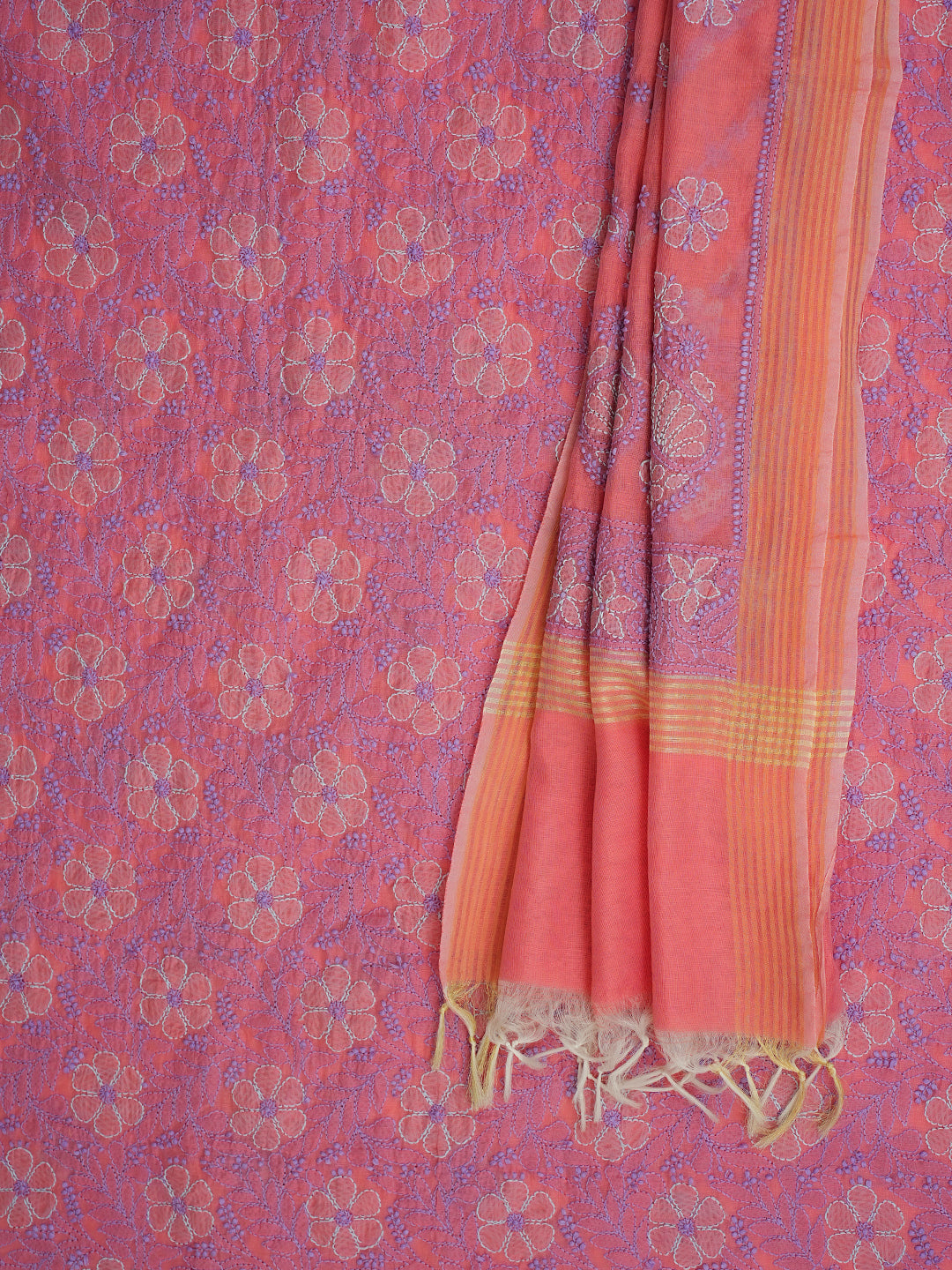 Ada Hand Embroidered Peach Chanderi Lucknowi Chikankari Unstitched Kurta Dupatta Set 01A700022