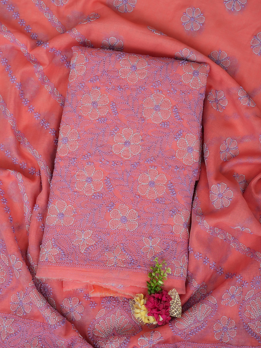 Ada Hand Embroidered Peach Chanderi Lucknowi Chikankari Unstitched Kurta Dupatta Set 01A700022