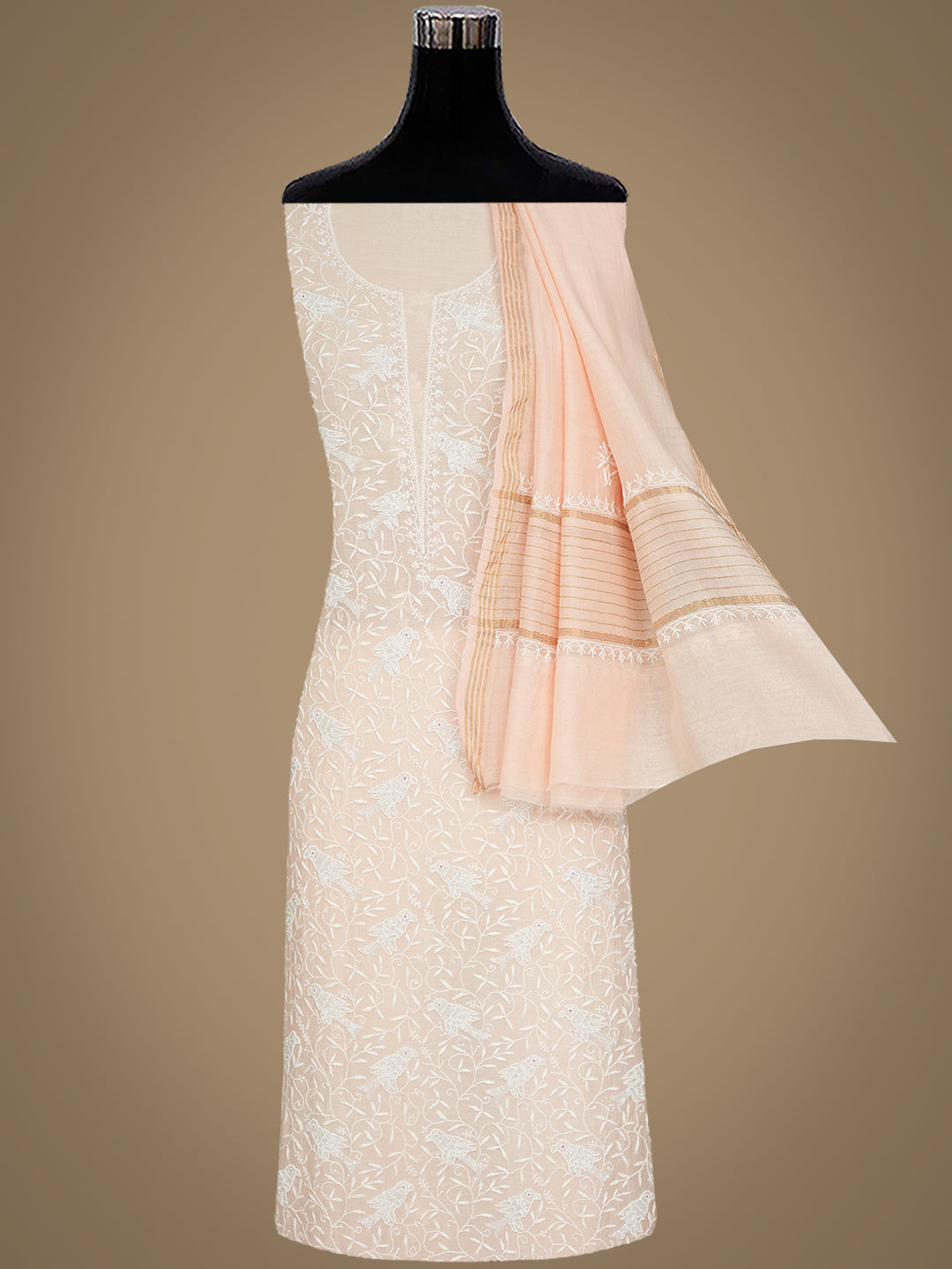 Ada Hand Embroidered Peach Chanderi Lucknowi Chikankari Unstitched Kurta Dupatta Set 01A818452