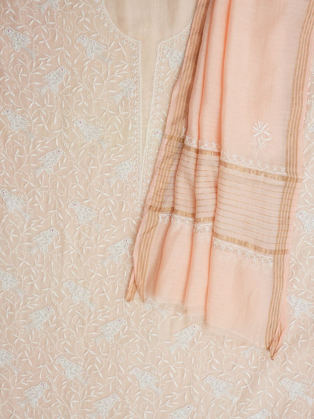 Ada Hand Embroidered Peach Chanderi Lucknowi Chikankari Unstitched Kurta Dupatta Set 01A818452