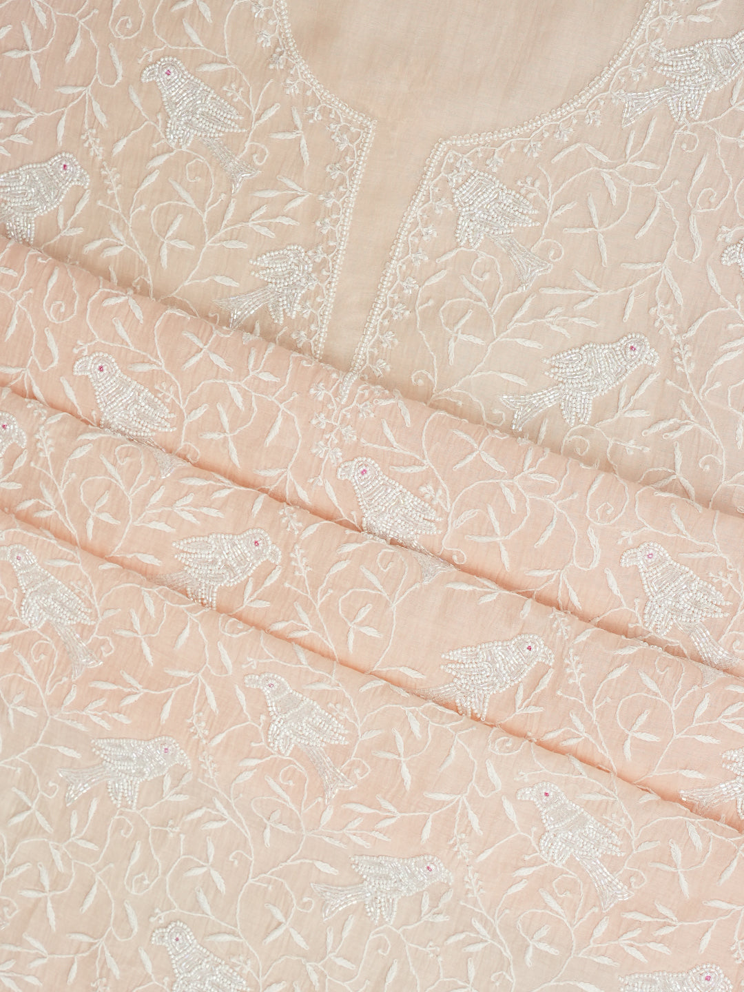 Ada Hand Embroidered Peach Chanderi Lucknowi Chikankari Unstitched Kurta Dupatta Set 01A818452