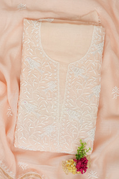 Ada Hand Embroidered Peach Chanderi Lucknowi Chikankari Unstitched Kurta Dupatta Set 01A818452
