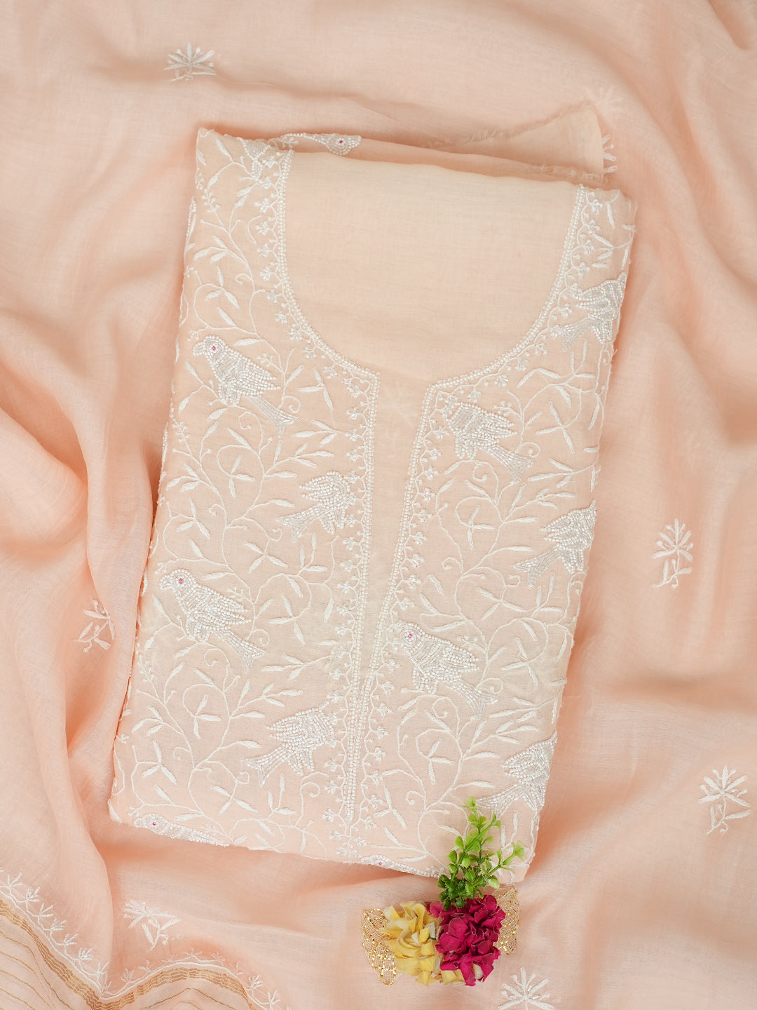 Ada Hand Embroidered Peach Chanderi Lucknowi Chikankari Unstitched Kurta Dupatta Set 01A818452