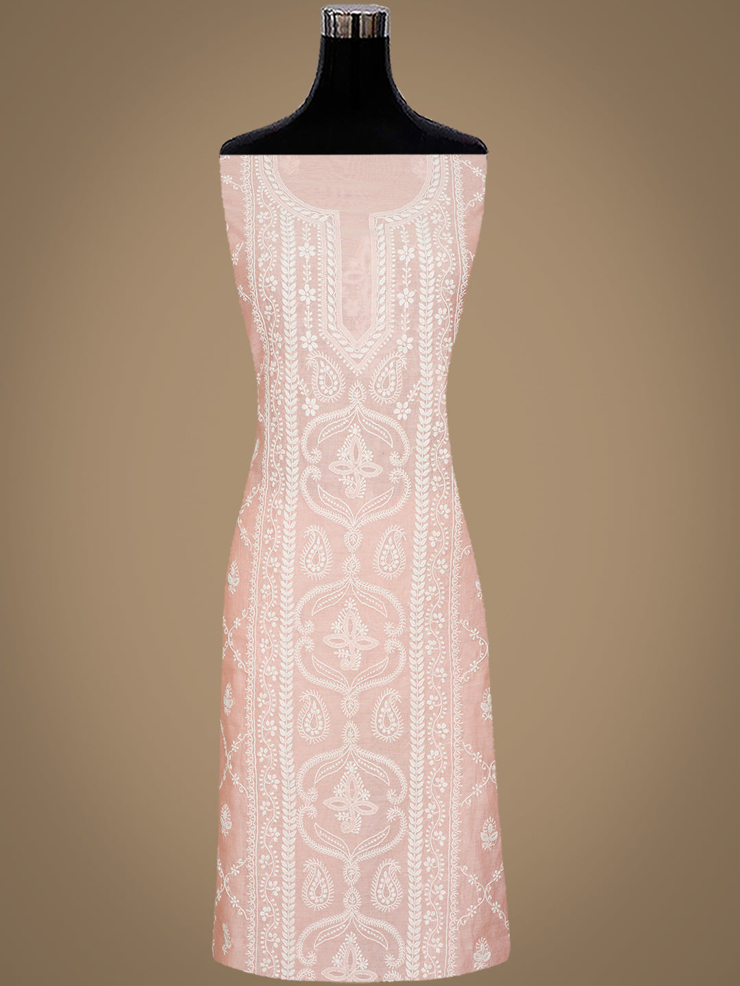 Ada Hand Embroidered Peach Chanderi Lucknowi Chikankari Unstitched Kurta Dupatta Set 01A980232