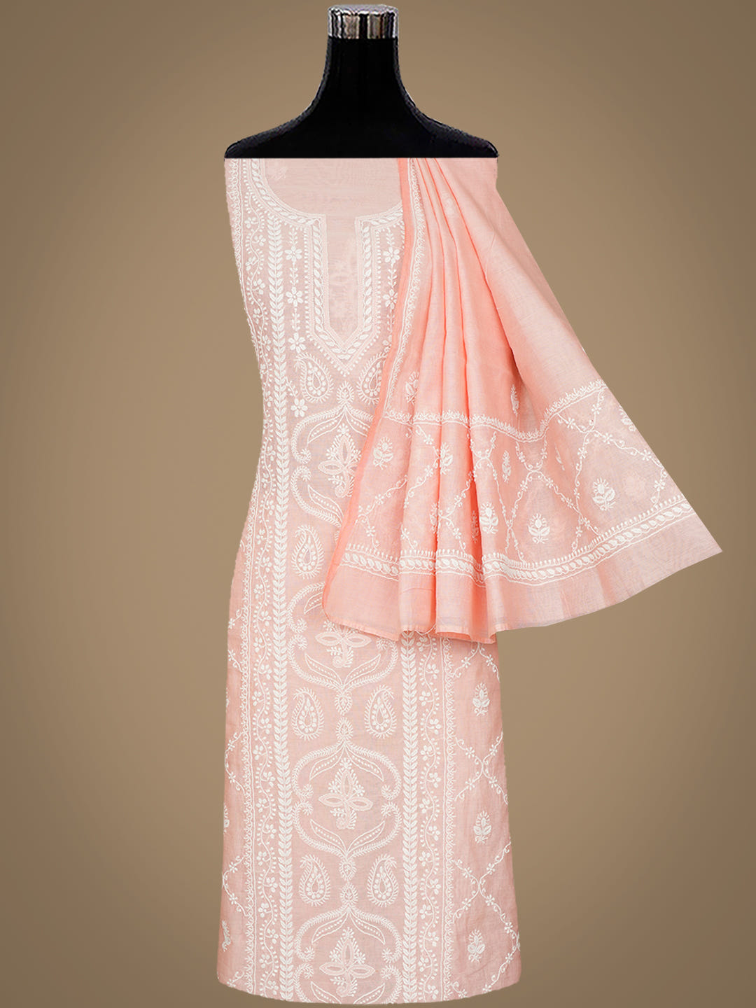 Ada Hand Embroidered Peach Chanderi Lucknowi Chikankari Unstitched Kurta Dupatta Set 01A980232