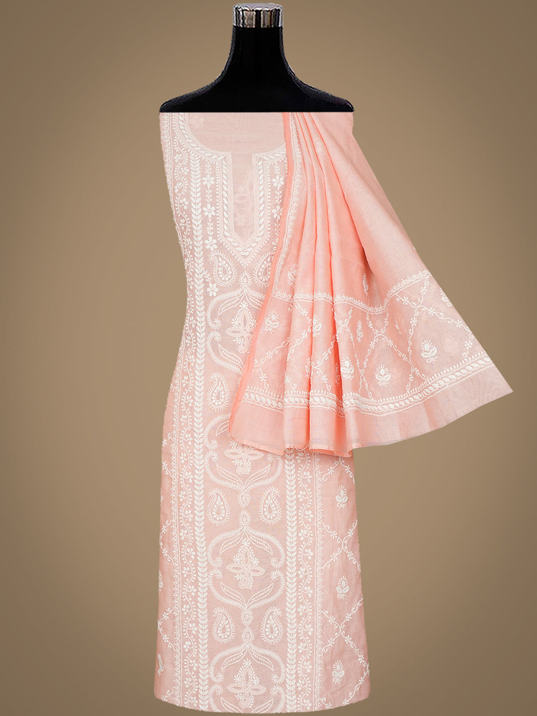 Ada Hand Embroidered Peach Chanderi Lucknowi Chikankari Unstitched Kurta Dupatta Set 01A980232