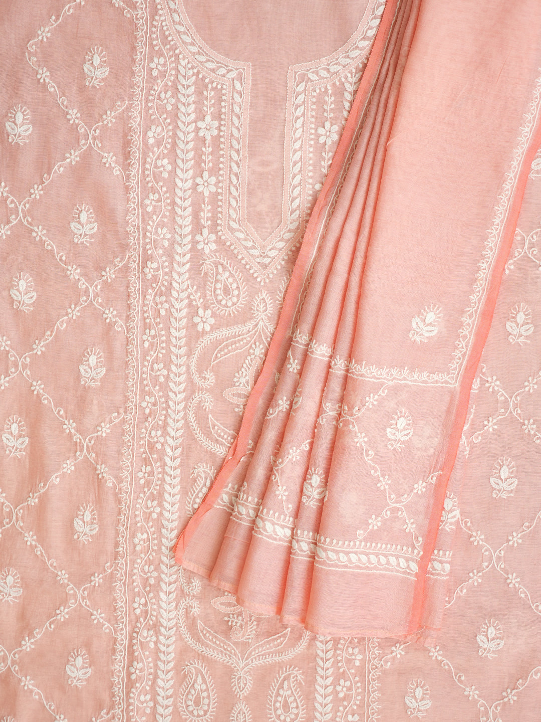 Ada Hand Embroidered Peach Chanderi Lucknowi Chikankari Unstitched Kurta Dupatta Set 01A980232