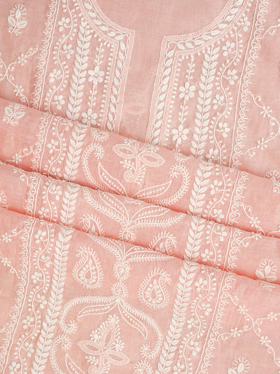 Ada Hand Embroidered Peach Chanderi Lucknowi Chikankari Unstitched Kurta Dupatta Set 01A980232