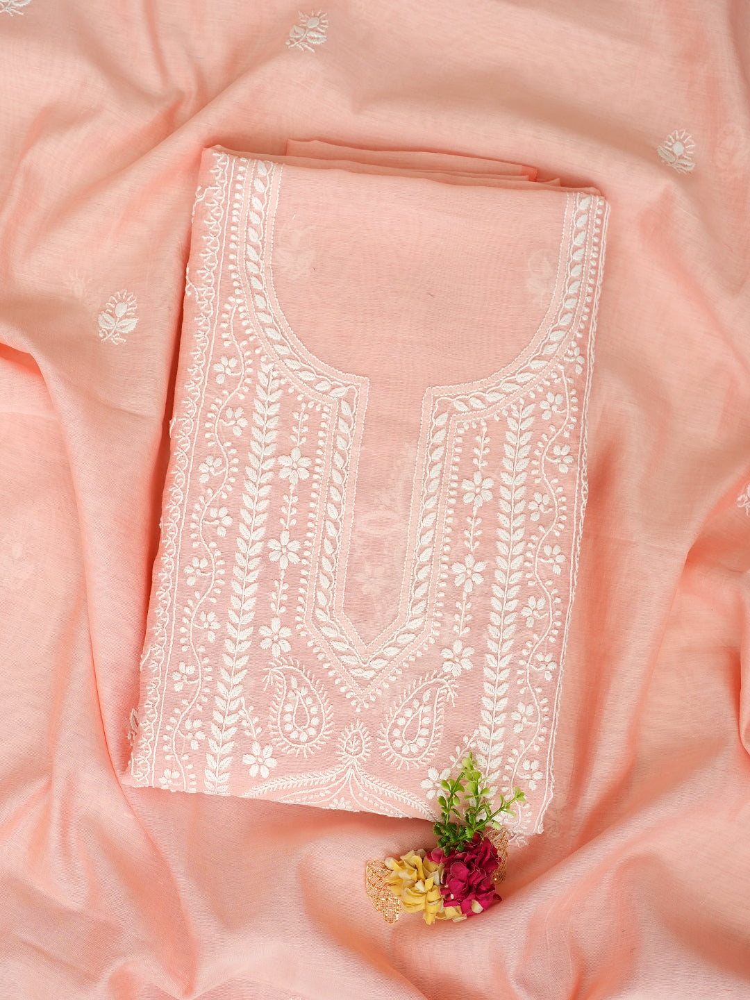 Ada Hand Embroidered Peach Chanderi Lucknowi Chikankari Unstitched Kurta Dupatta Set 01A980232