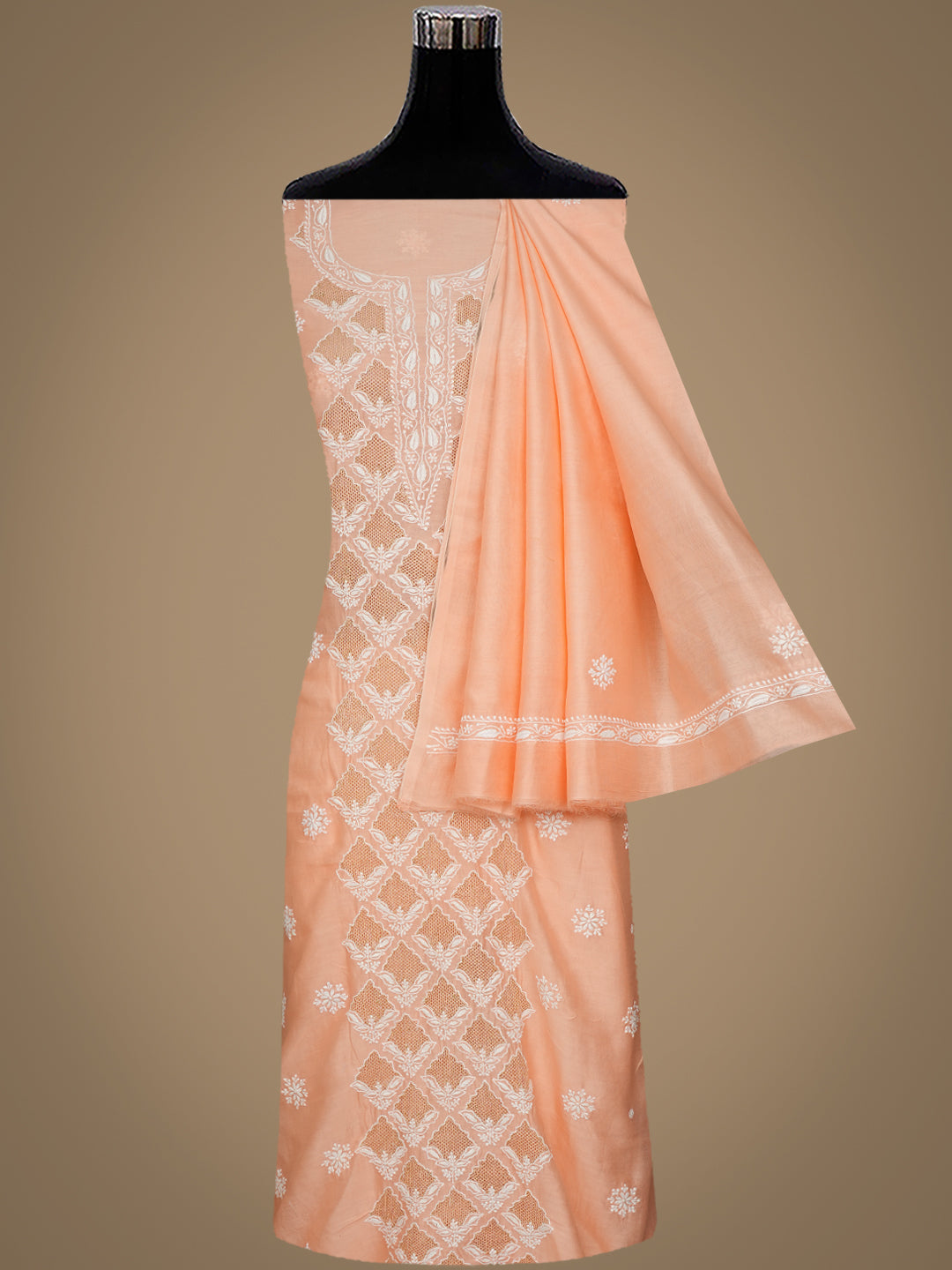 Hand Embroidered Peach Chanderi Chikankari Kurta Set for Women
