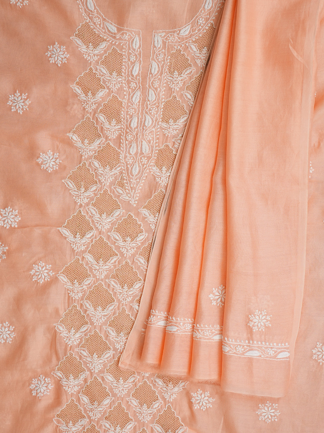 Women’s Peach Chanderi Ethnic Kurta Set with Chikankari Work