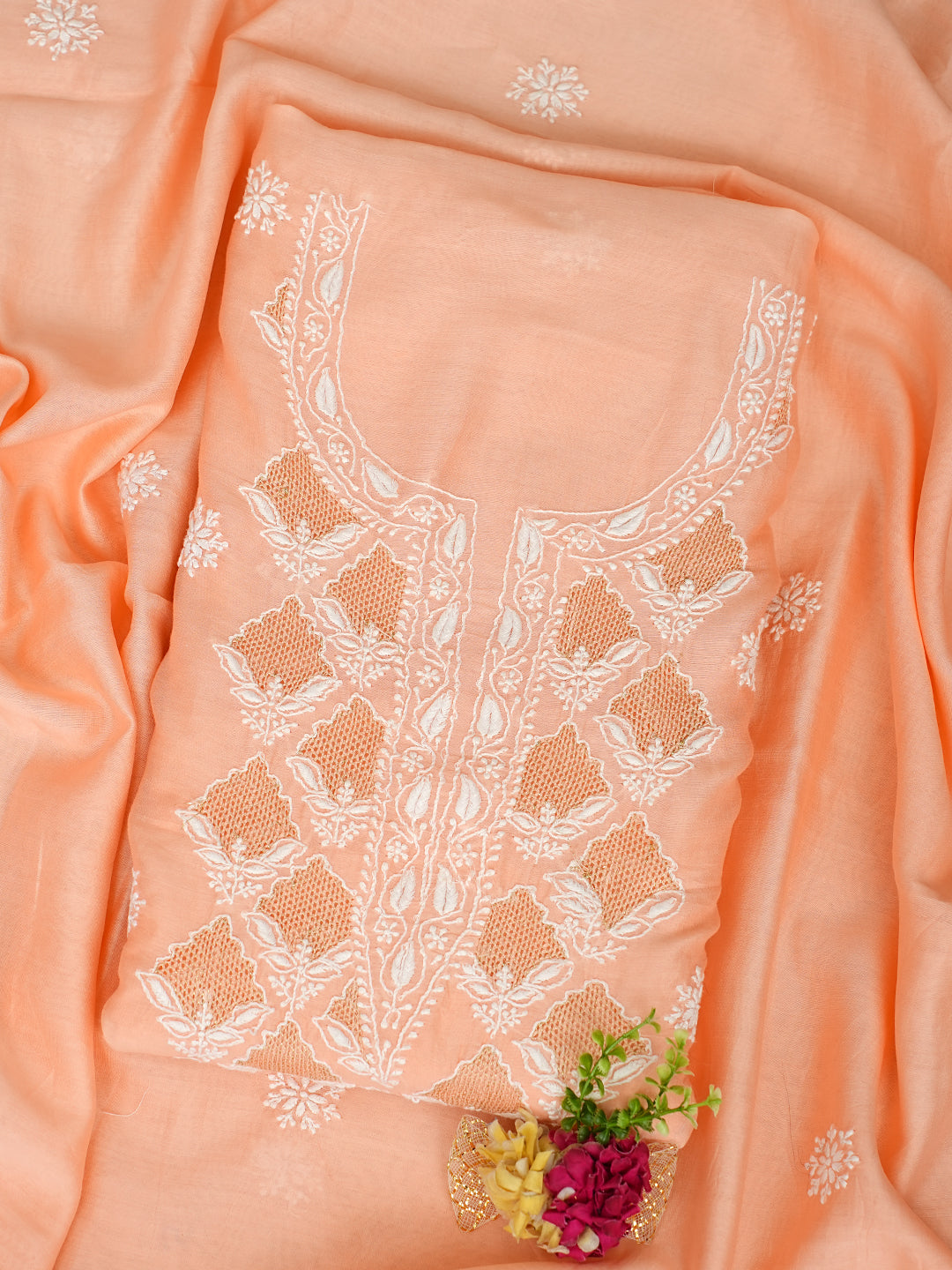 Ada Peach Chanderi Lucknowi Chikankari Unstitched Kurta Dupatta Set