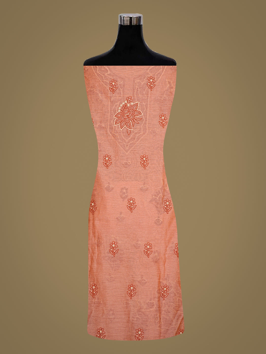 Ada Hand Embroidered Peach Chanderi Lucknowi Chikankari Unstitched Kurta Dupatta Set 01A999174_4