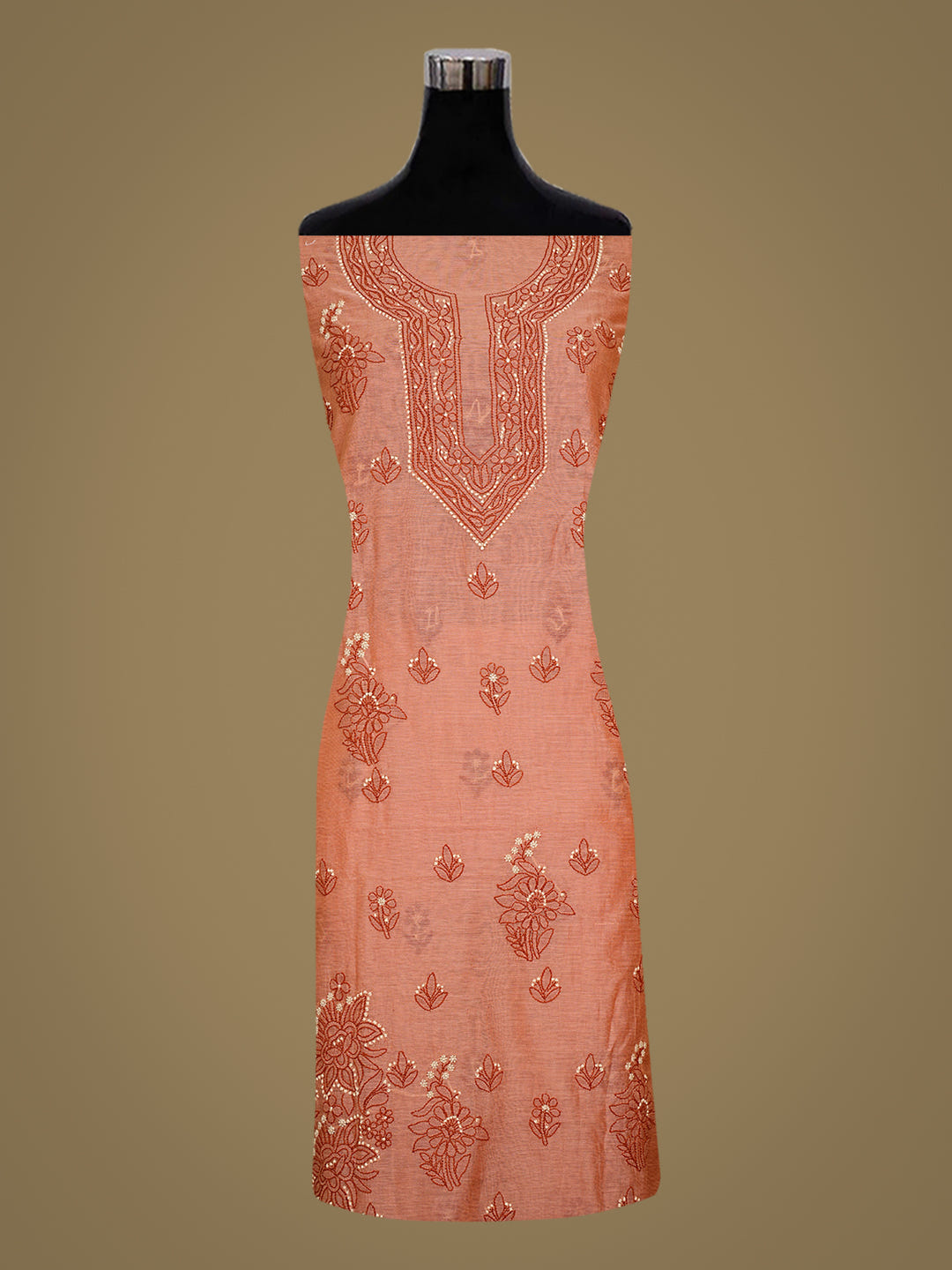 Ada Hand Embroidered Peach Chanderi Lucknowi Chikankari Unstitched Kurta Dupatta Set 01A999174_3