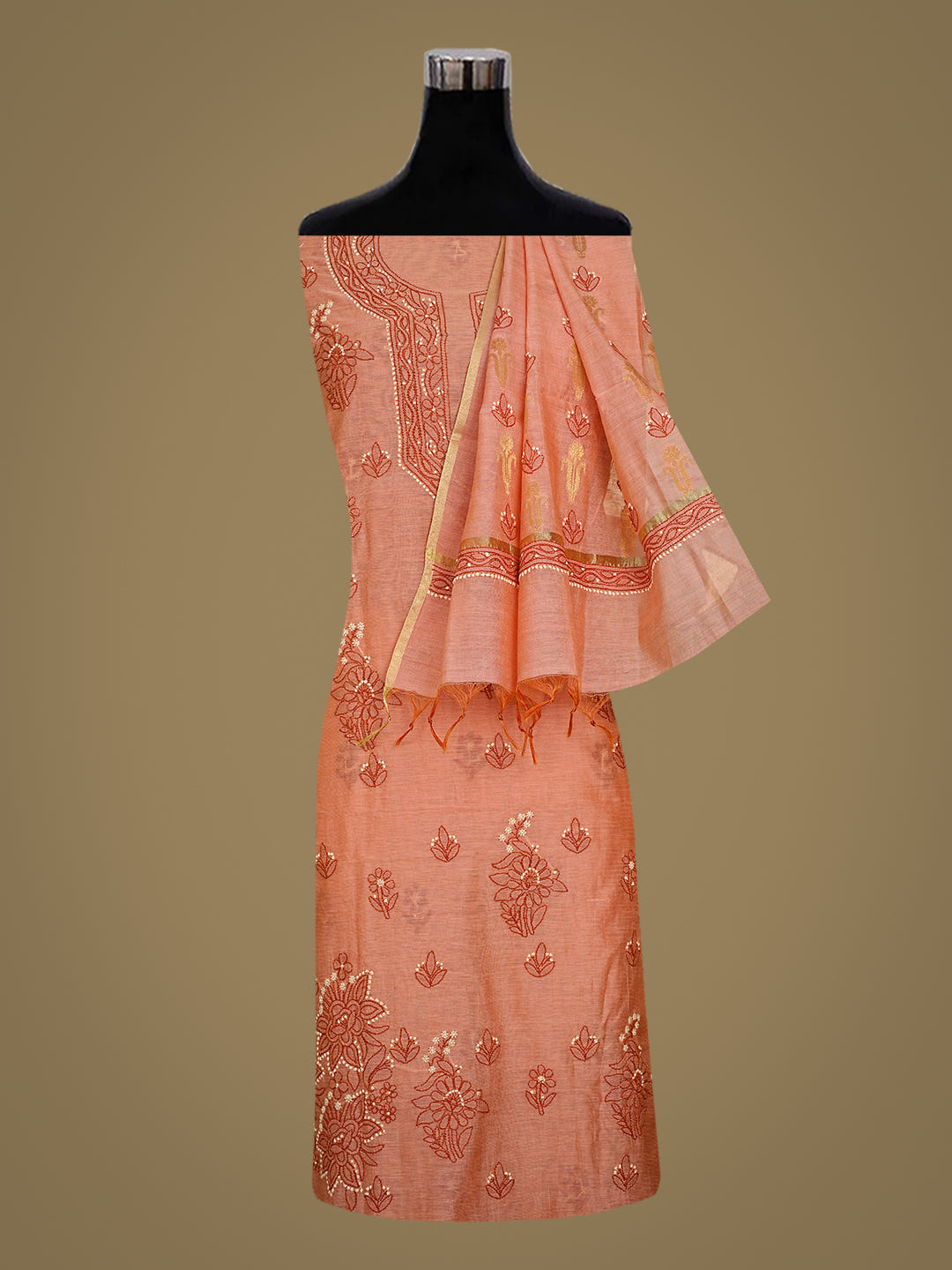 Ada Hand Embroidered Peach Chanderi Lucknowi Chikankari Unstitched Kurta Dupatta Set 01A999174_2