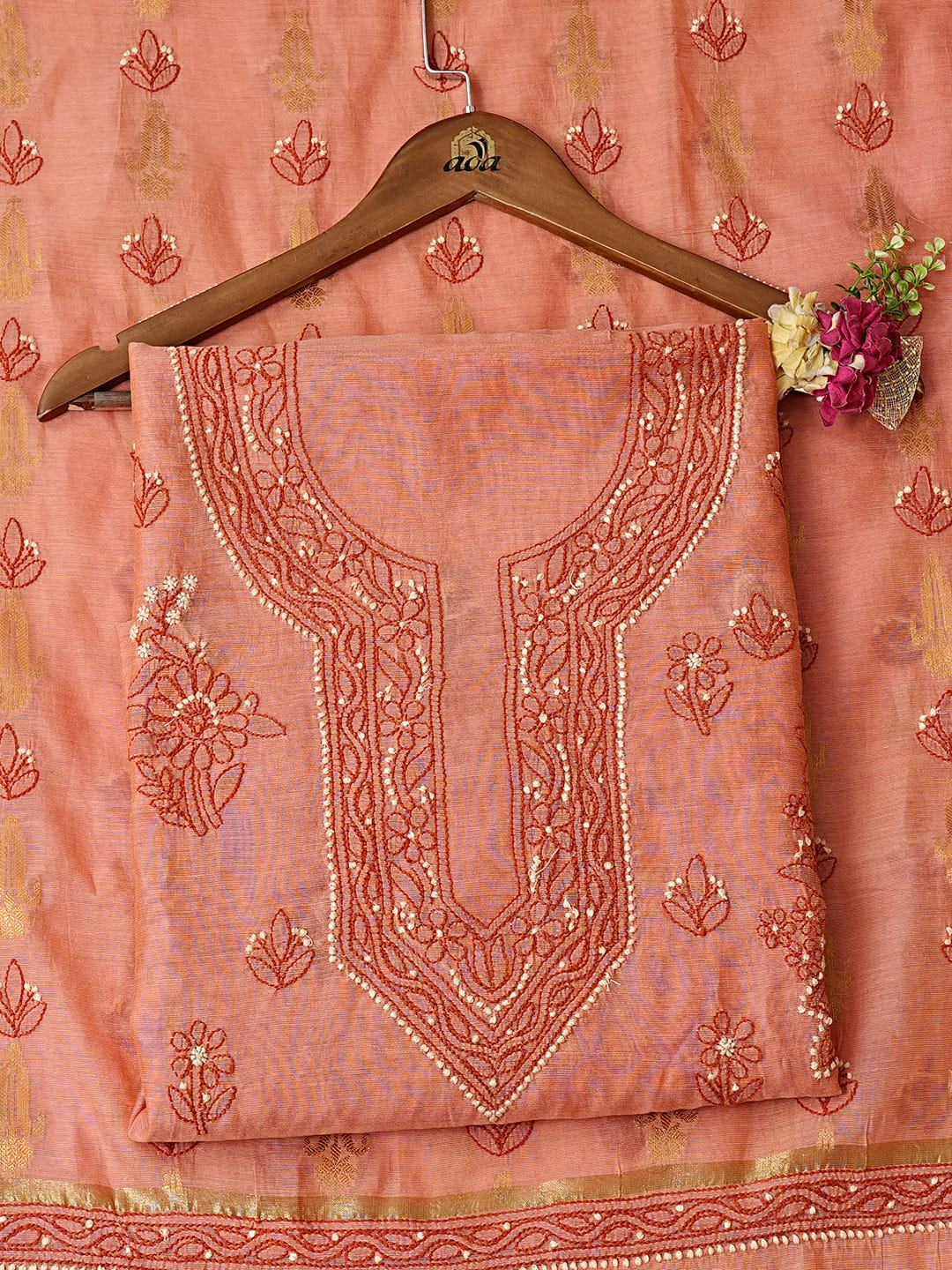 Ada Hand Embroidered Peach Chanderi Lucknowi Chikankari Unstitched Kurta Dupatta Set 01A999174_1