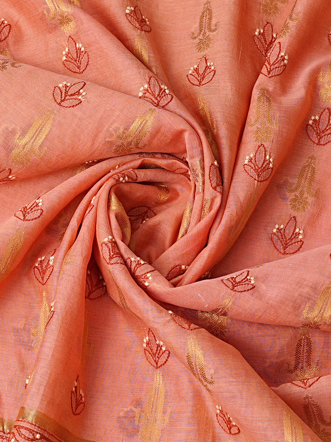 Ada Hand Embroidered Peach Chanderi Lucknowi Chikankari Unstitched Kurta Dupatta Set 01A999174_5