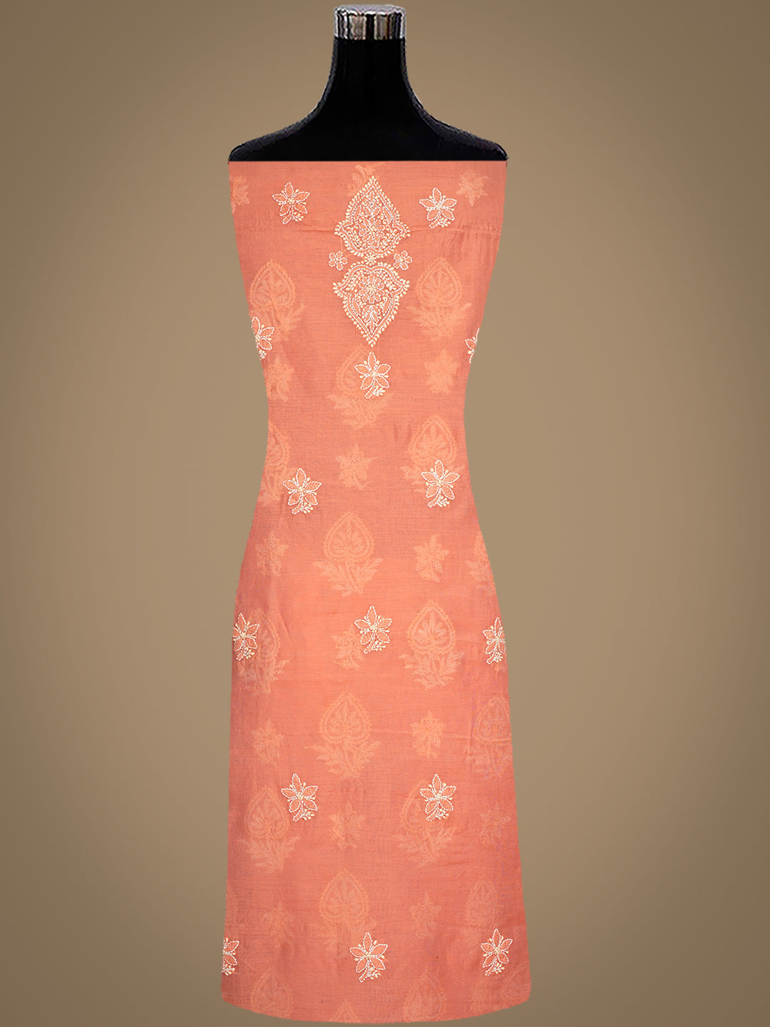 Ada Hand Embroidered Peach Chanderi Lucknowi Chikankari Unstitched Kurta Dupatta Set 01A999534