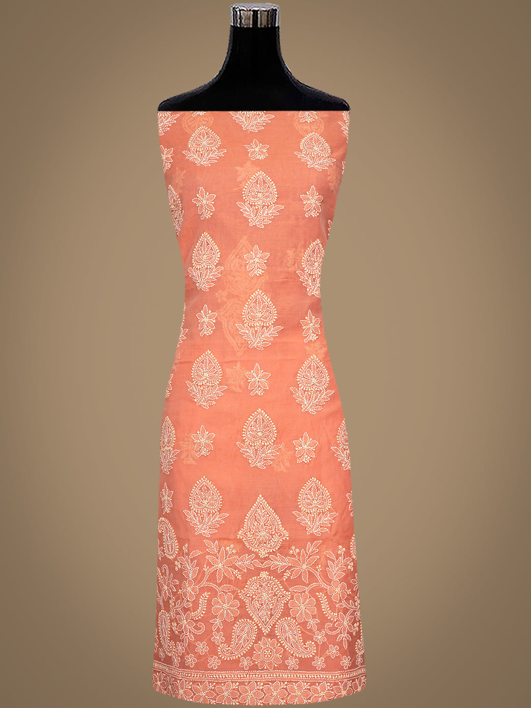 Ada Hand Embroidered Peach Chanderi Lucknowi Chikankari Unstitched Kurta Dupatta Set 01A999534