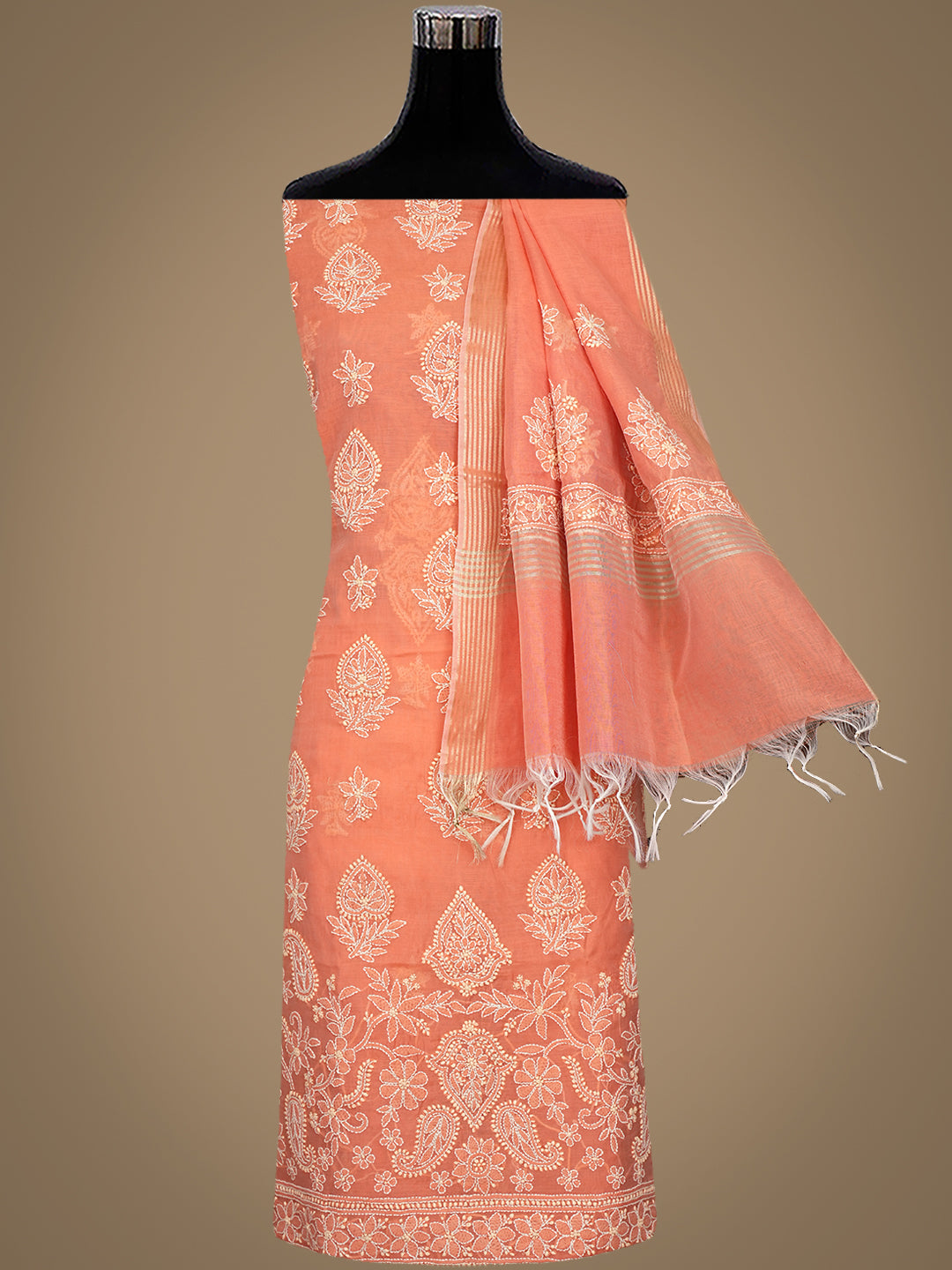Ada Hand Embroidered Peach Chanderi Lucknowi Chikankari Unstitched Kurta Dupatta Set 01A999534