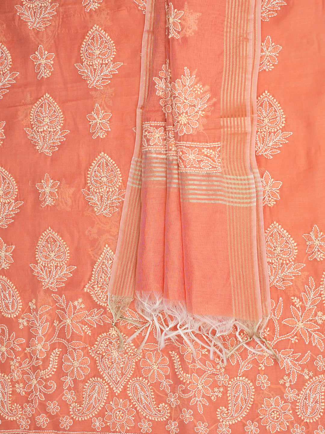 Ada Hand Embroidered Peach Chanderi Lucknowi Chikankari Unstitched Kurta Dupatta Set 01A999534