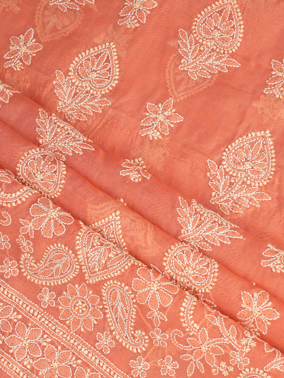 Ada Hand Embroidered Peach Chanderi Lucknowi Chikankari Unstitched Kurta Dupatta Set 01A999534