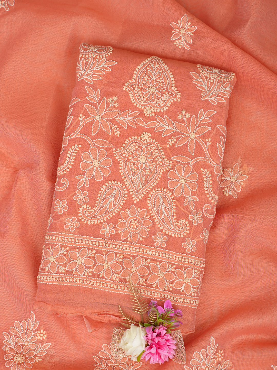Ada Hand Embroidered Peach Chanderi Lucknowi Chikankari Unstitched Kurta Dupatta Set 01A999534