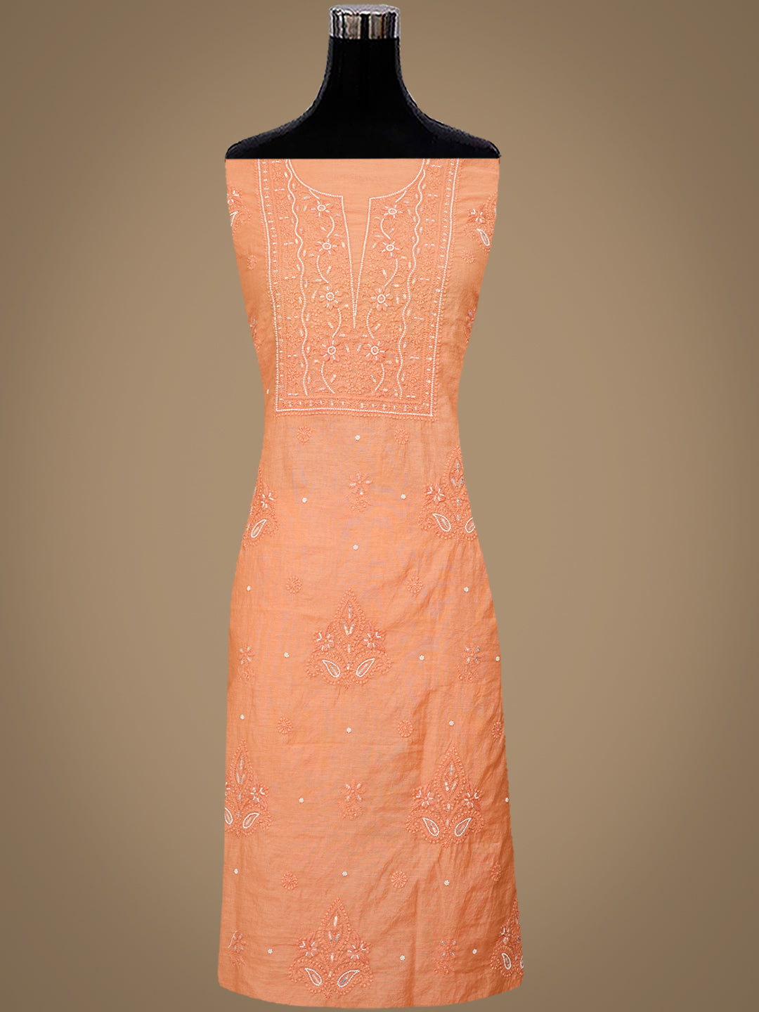 Ada Hand Embroidered Peach Chanderi Lucknowi Chikankari Unstitched Kurta Dupatta Set With Pearl Work 01A890475