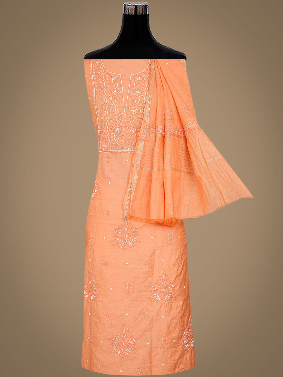 Ada Hand Embroidered Peach Chanderi Lucknowi Chikankari Unstitched Kurta Dupatta Set With Pearl Work 01A890475